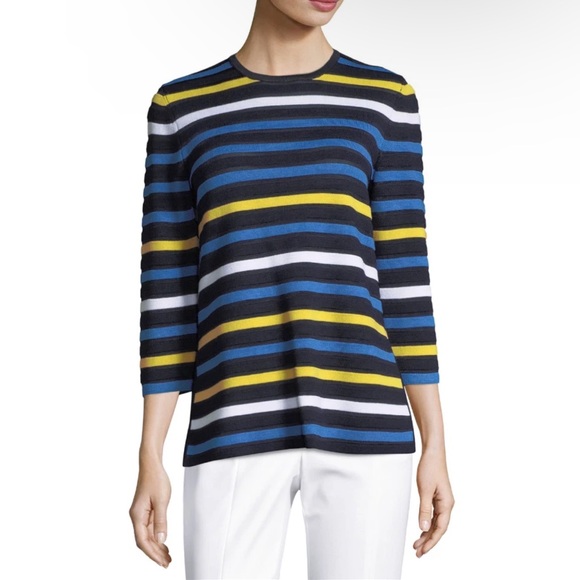 St. John Sweaters - St John Wool Blend Striped Black Blue Yellow Crew Neck Sweater